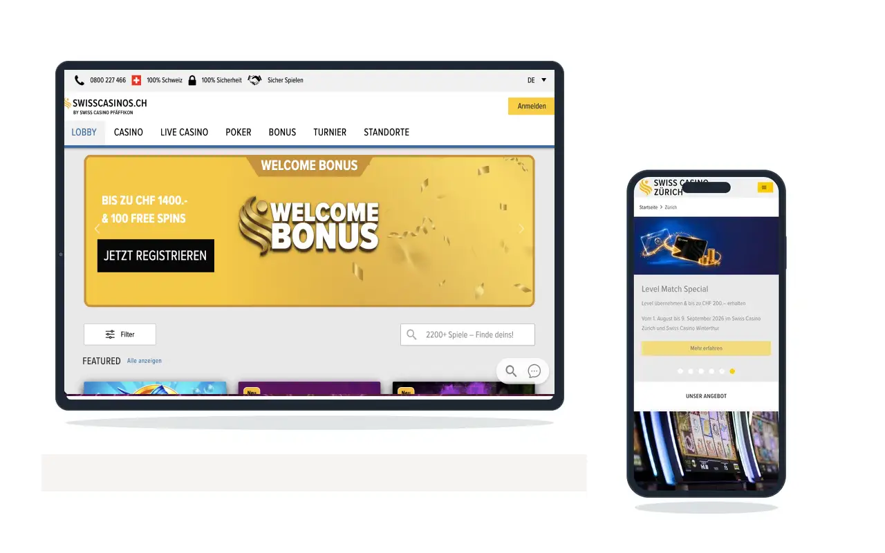 Tischspielbereich mit Blackjack- und Roulette-Tischen in einer Schweizer Spielbank, auf Tablet und Telefon