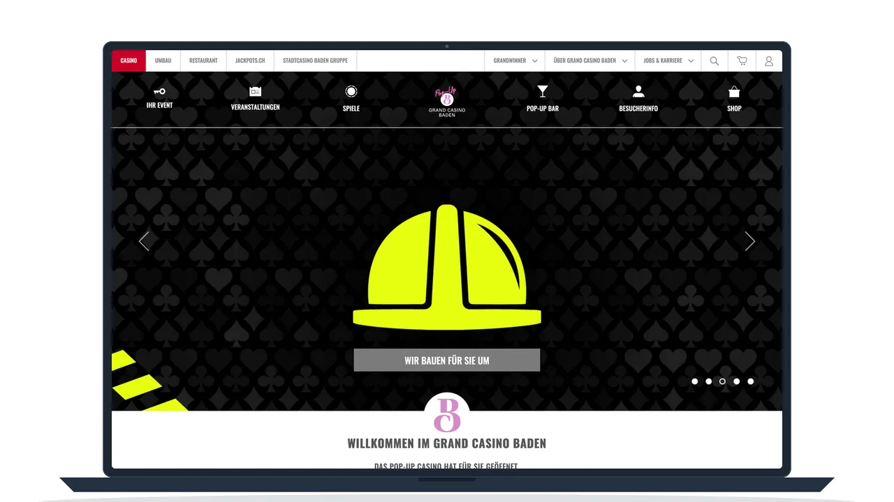Website des Grand Casino Baden mit Spielangebot, Öffnungszeiten und Veranstaltungshinweisen, auf einem Notebook