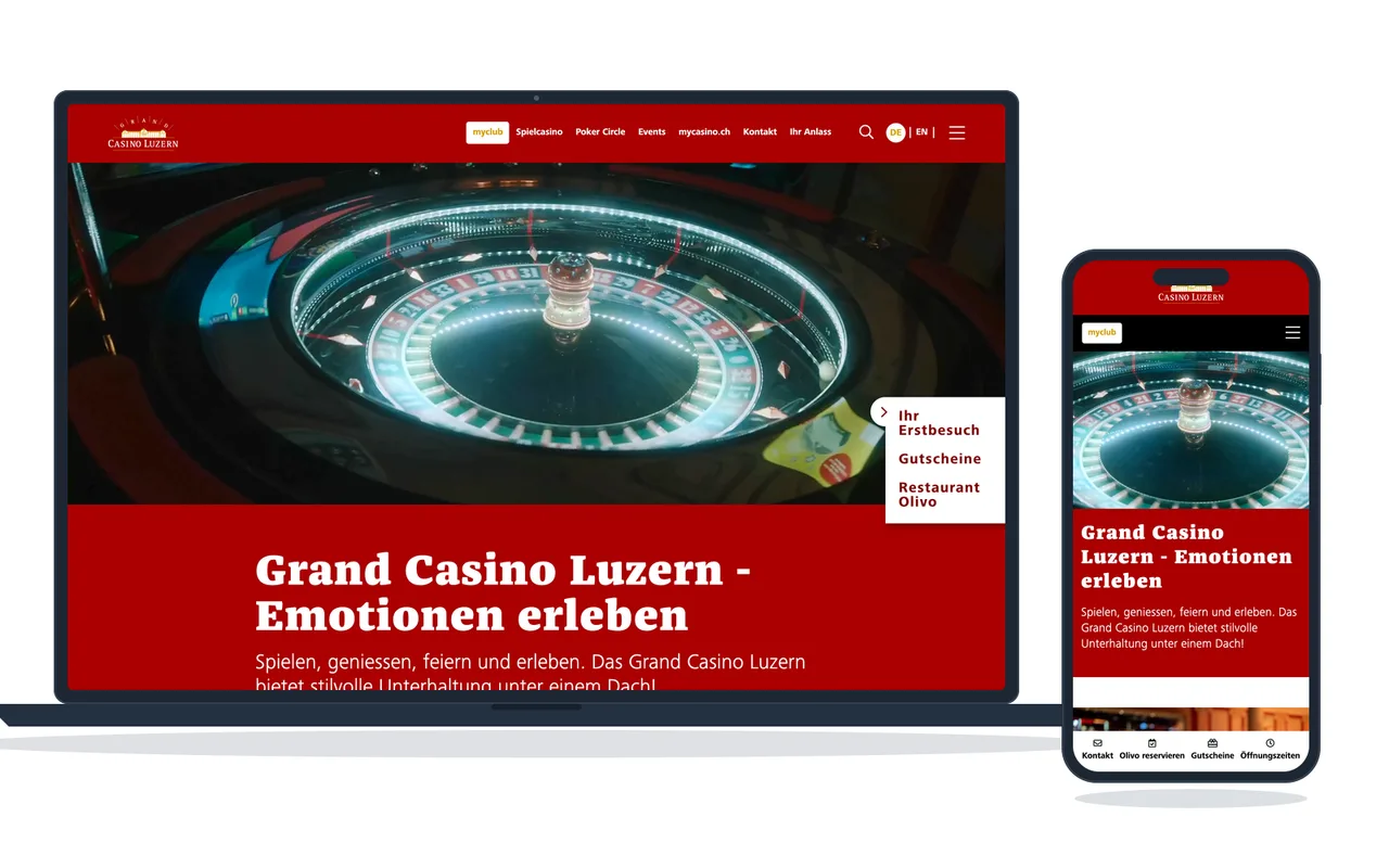 Website einer Schweizer Spielbank mit Angaben zu Öffnungszeiten, Spielangebot und Anfahrt, auf Notebook und Telefon