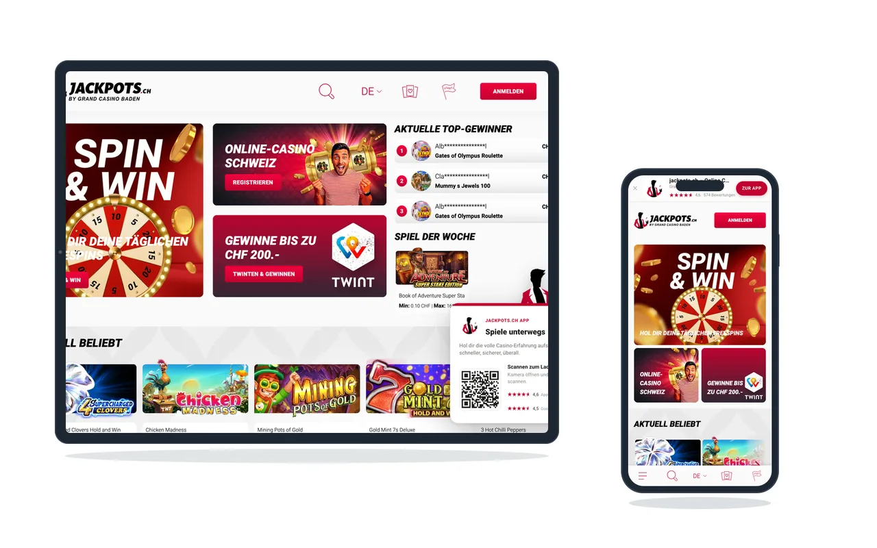 Kassenbereich eines Schweizer Online Casinos mit Zahlungswegen und Mindestbeträgen, auf Tablet und Telefon