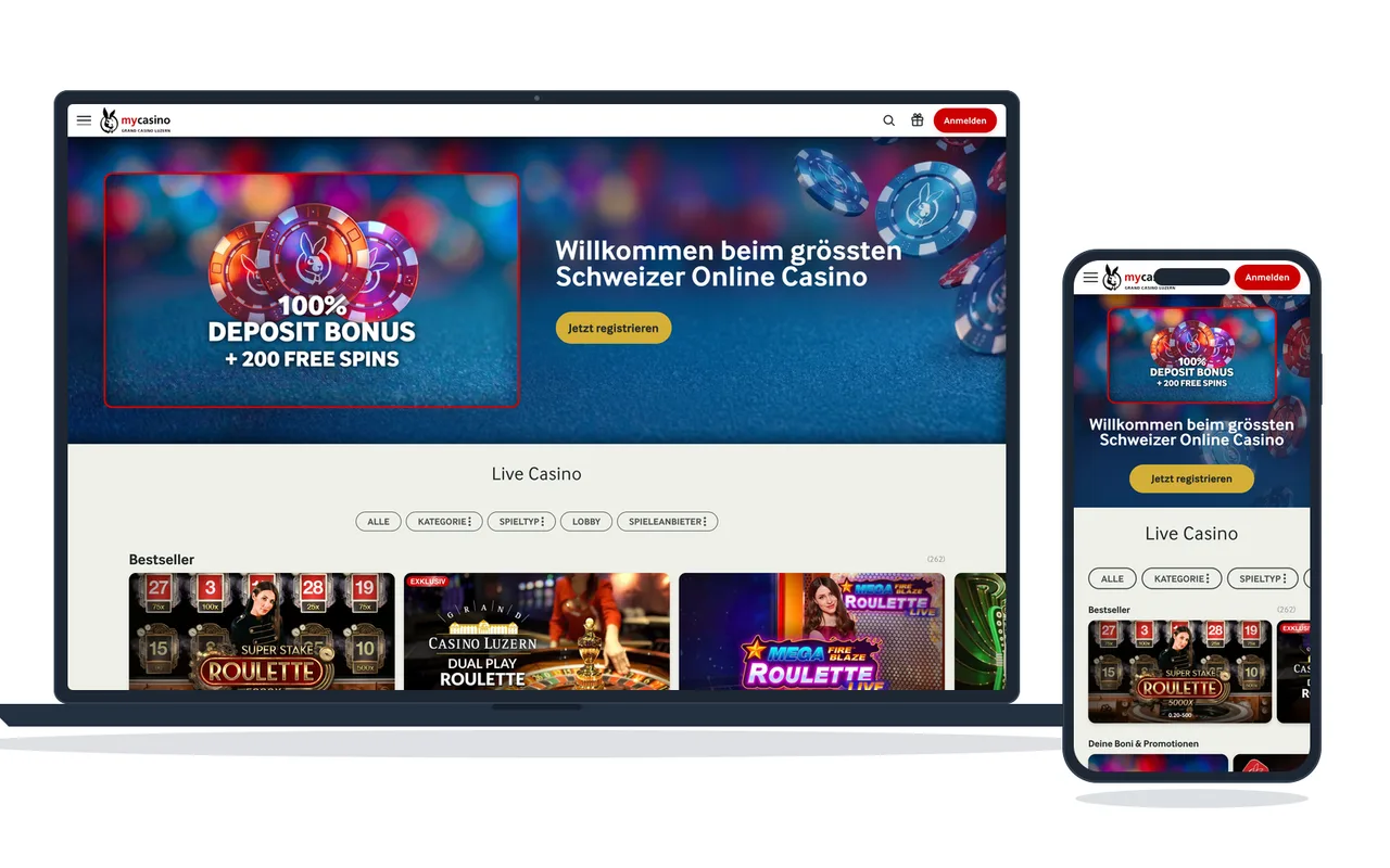 Live-Casino-Bereich eines Schweizer Anbieters mit Tischen, Croupiers und Einsatzgrenzen, auf Notebook und Telefon