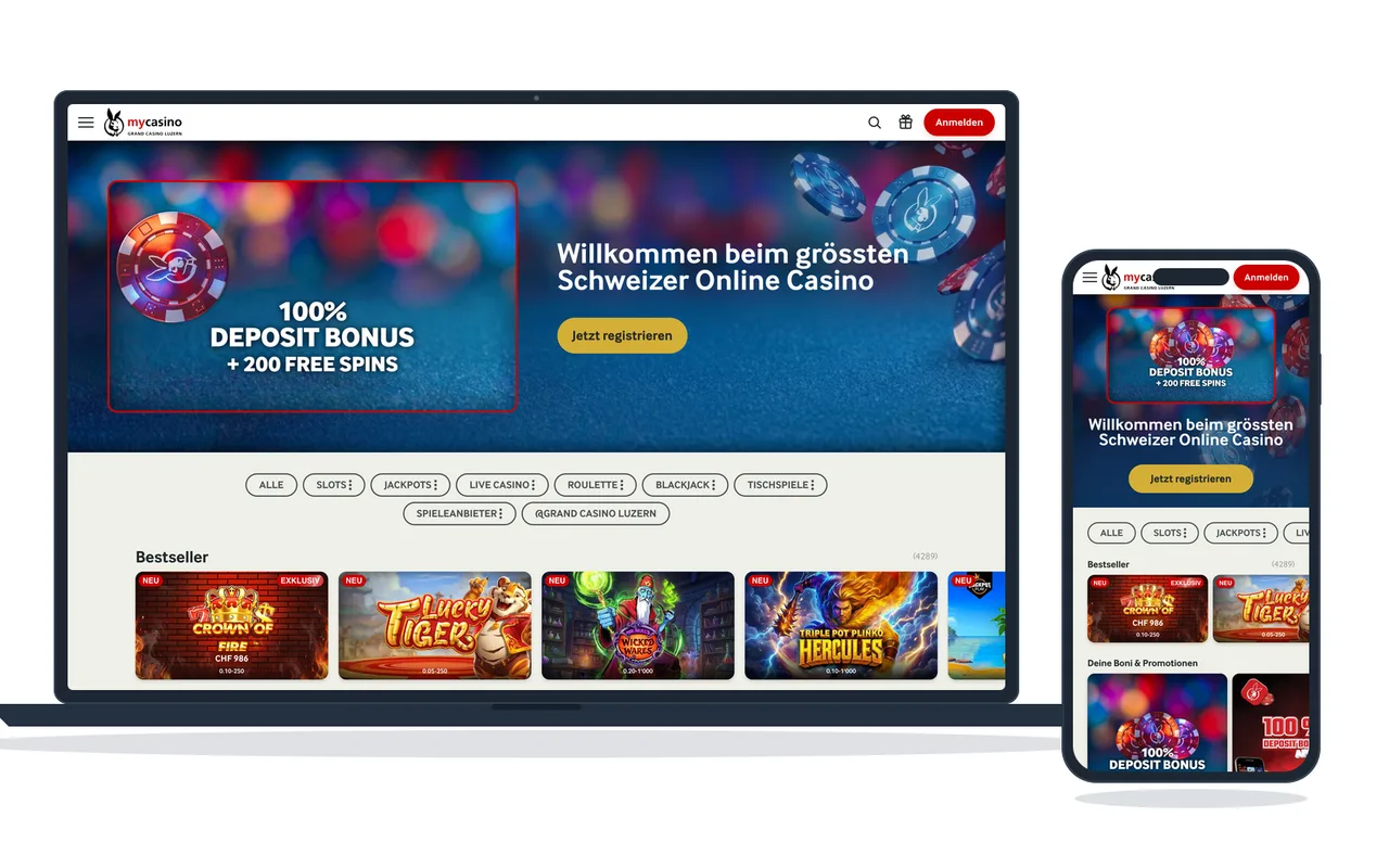 Startseite eines Schweizer Online Casinos mit Willkommensbonus, Spielkategorien und der Bestseller-Reihe, auf Notebook und Telefon