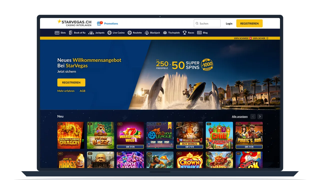 Startseite eines Schweizer Online Casinos mit laufender Bonusaktion und Aktionsbedingungen, auf einem Notebook
