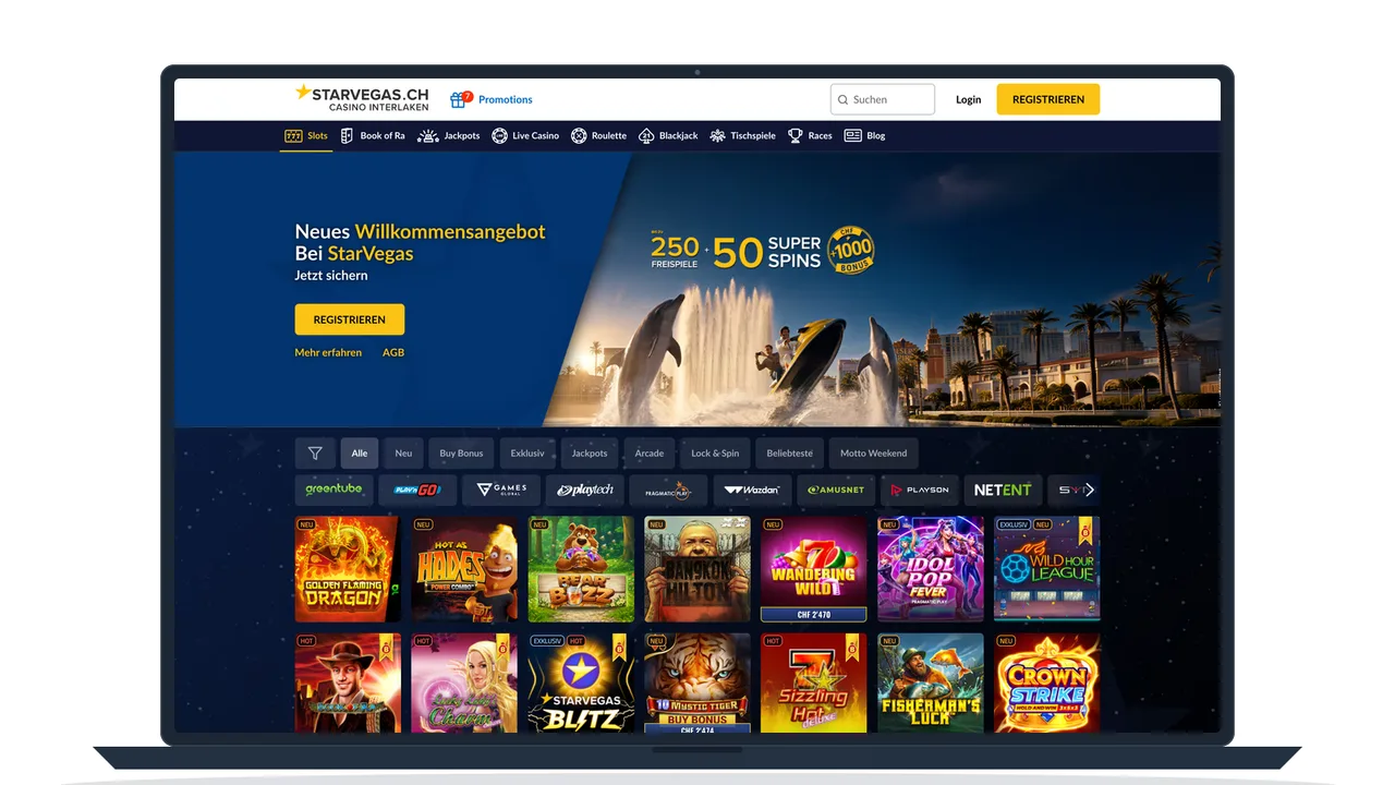 Automaten-Lobby eines Schweizer Online Casinos mit Spielkacheln, Einsatzspannen und Kategorienfiltern, auf einem Notebook
