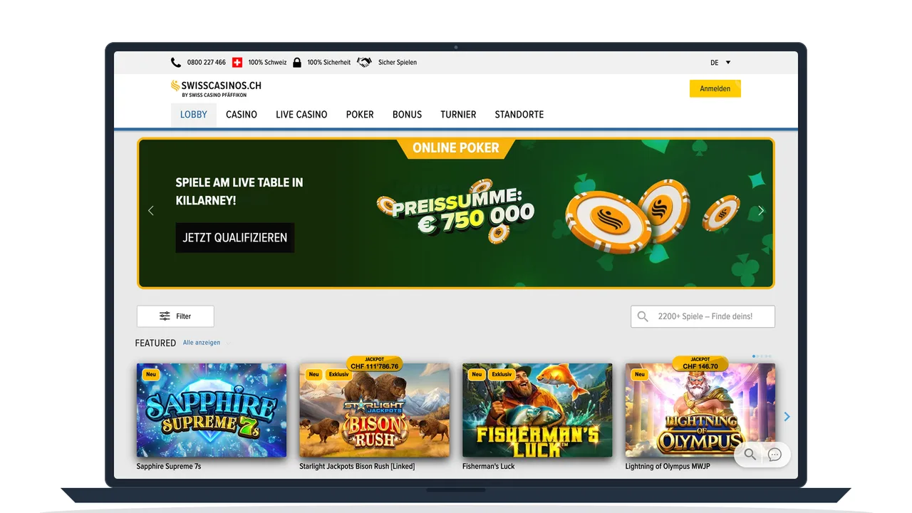 Tischspielbereich eines Schweizer Online Casinos mit Roulette-Tischen und Einsatzgrenzen, auf einem Notebook